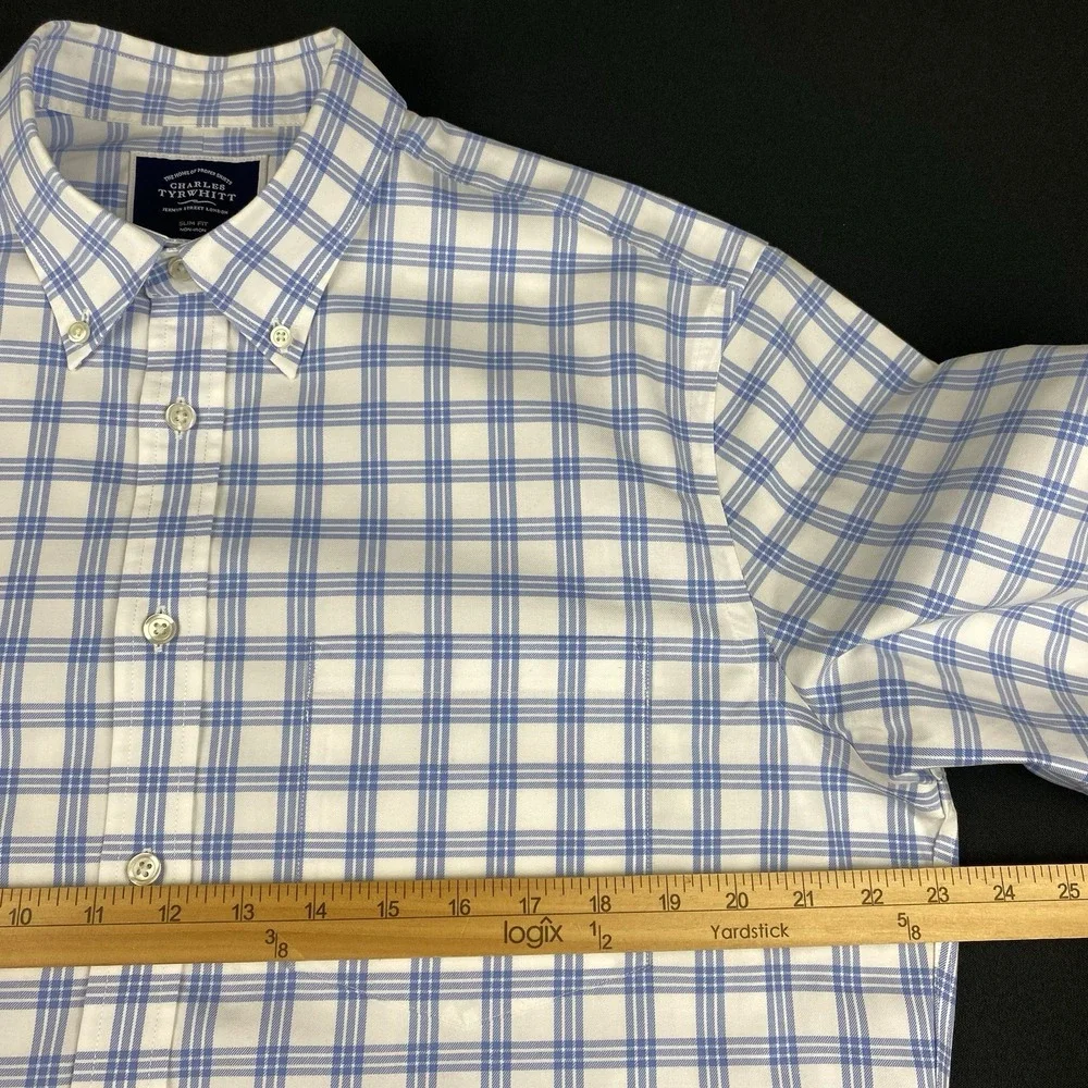 Charles Tyrwhitt Shirt Mens Large Blue/White Checks Slim Fit Non Iron